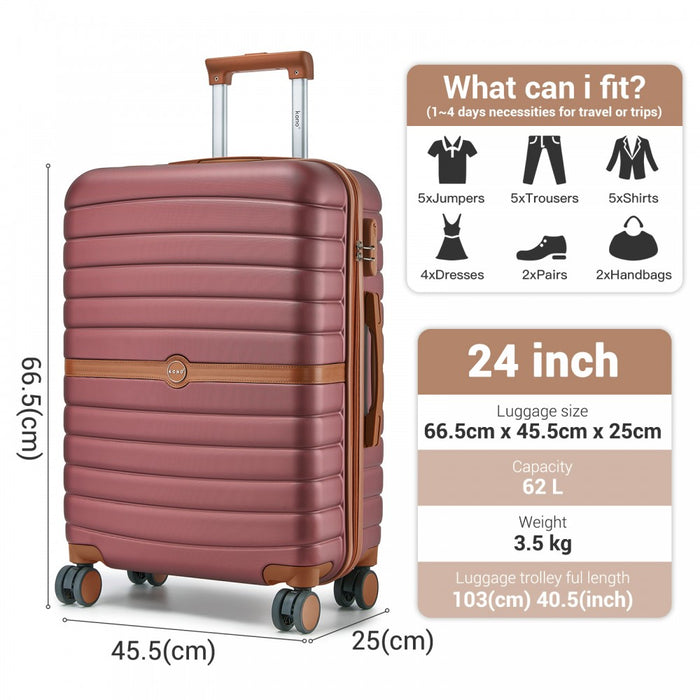 KSK2592 - Kono ABS+PC 24-Inch Striped Design with Colour-Block Details Medium Suitcase with Spinner Silent Wheels - Burgundy and Brown