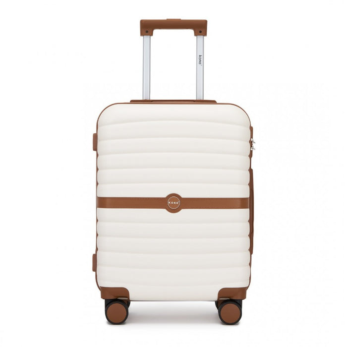 KSK2592 - Kono ABS+PC 20-Inch Striped Design with Colour-Block Details Carry-On Cabin Suitcase with Silent Spinner Wheels - Cream and Brown