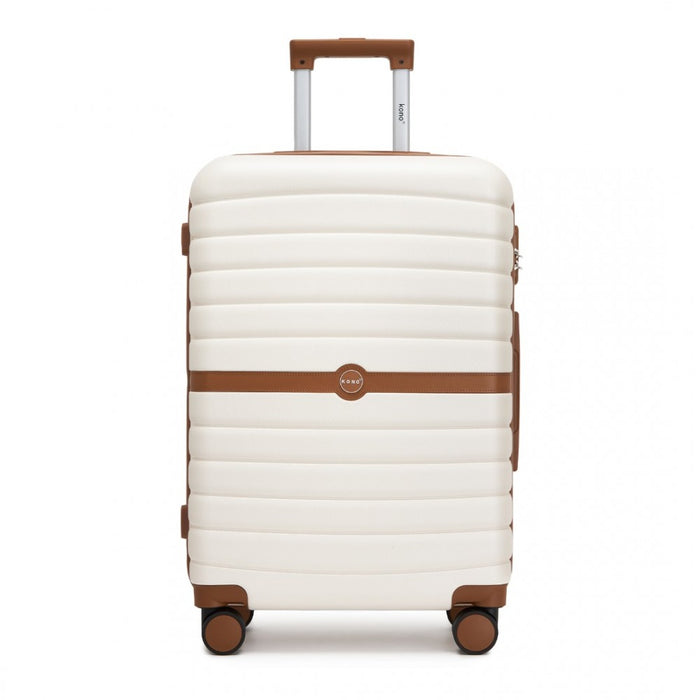 KSK2592 - Kono ABS+PC 24-Inch Striped Design with Colour-Block Details Medium Suitcase with Spinner Silent Wheels - Cream and Brown