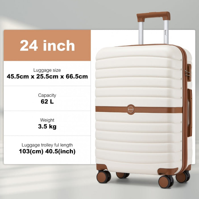 KSK2592 - Kono ABS+PC 24-Inch Striped Design with Colour-Block Details Medium Suitcase with Spinner Silent Wheels - Cream and Brown