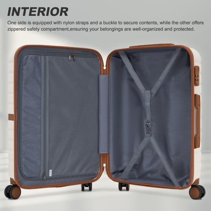 KSK2592 - Kono ABS+PC 24-Inch Striped Design with Colour-Block Details Medium Suitcase with Spinner Silent Wheels - Cream and Brown