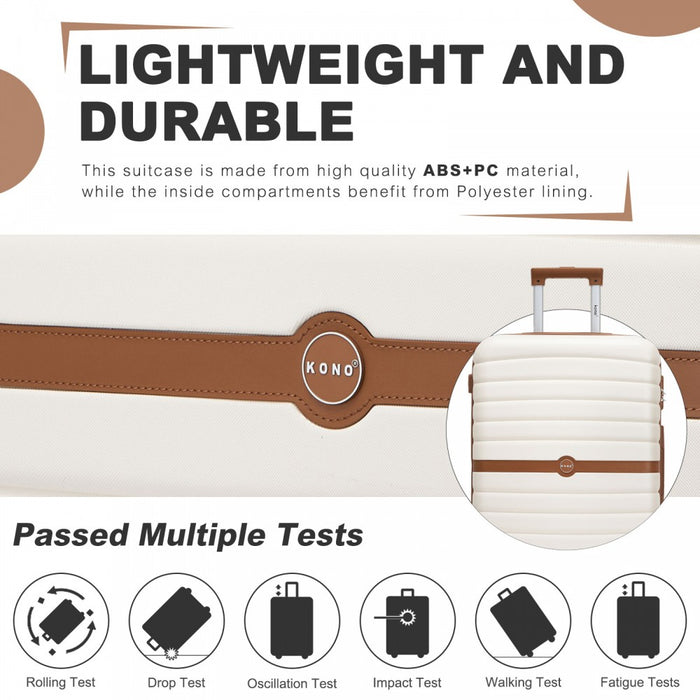 KSK2592 - Kono ABS+PC 24-Inch Striped Design with Colour-Block Details Medium Suitcase with Spinner Silent Wheels - Cream and Brown