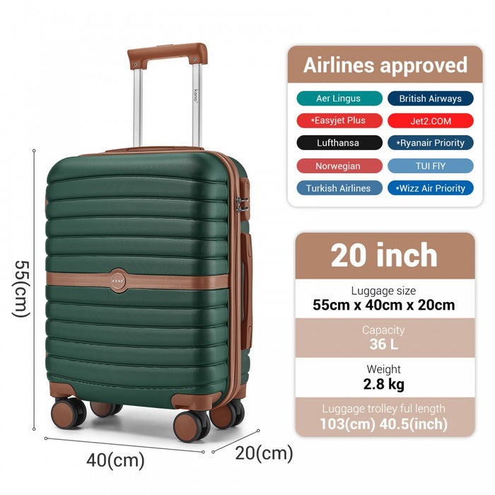 KSK2592 - Kono ABS+PC 20-Inch Striped Design with Colour-Block Details Carry-On Cabin Suitcase with Silent Spinner Wheels - Dark Green and Brown