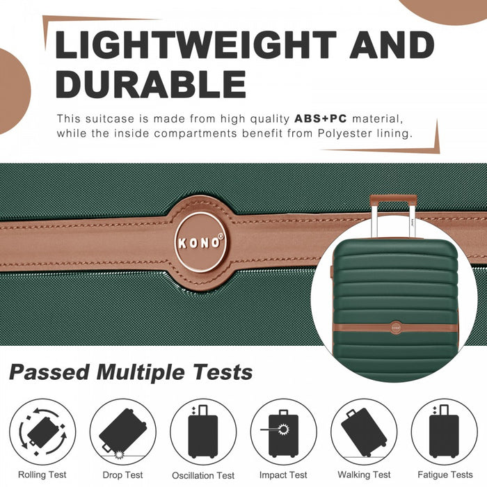 KSK2592 - Kono ABS+PC 20-Inch Striped Design with Colour-Block Details Carry-On Cabin Suitcase with Silent Spinner Wheels - Dark Green and Brown