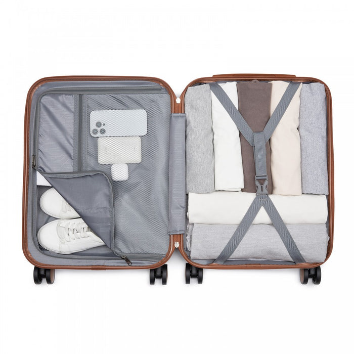 KSK2592 - Kono ABS+PC 20-Inch Striped Design with Colour-Block Details Carry-On Cabin Suitcase with Silent Spinner Wheels - Dark Green and Brown