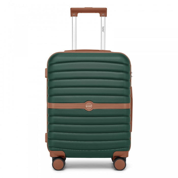 KSK2592 - Kono ABS+PC 20-Inch Striped Design with Colour-Block Details Carry-On Cabin Suitcase with Silent Spinner Wheels - Dark Green and Brown