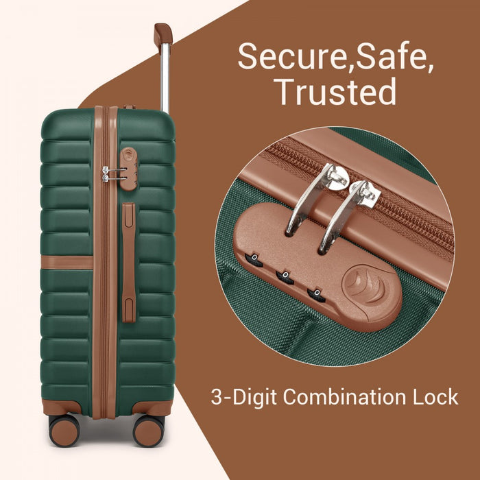 KSK2592 - Kono ABS+PC 24-Inch Striped Design with Colour-Block Details Medium Suitcase with Spinner Silent Wheels - Dark Green and Brown