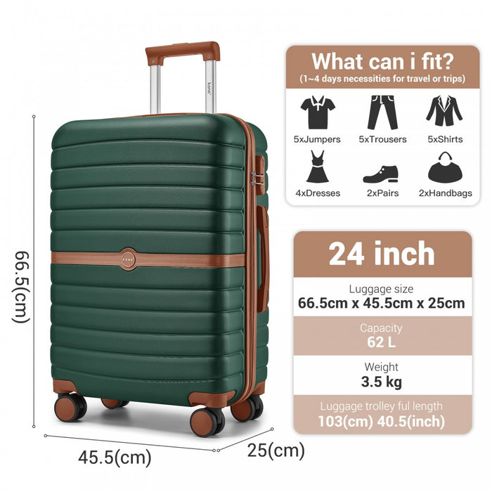 KSK2592 - Kono ABS+PC 24-Inch Striped Design with Colour-Block Details Medium Suitcase with Spinner Silent Wheels - Dark Green and Brown