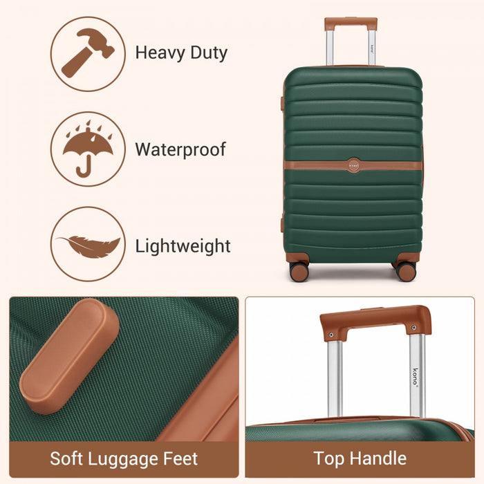 KSK2592 - Kono ABS+PC 24-Inch Striped Design with Colour-Block Details Medium Suitcase with Spinner Silent Wheels - Dark Green and Brown