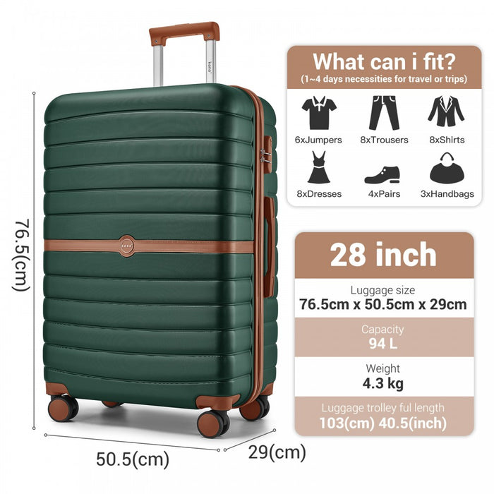 KSK2592 - Kono ABS+PC 28-Inch Striped Design with Colour-Block Details Large Checked Luggage for Longer Travels - Dark Green and Brown