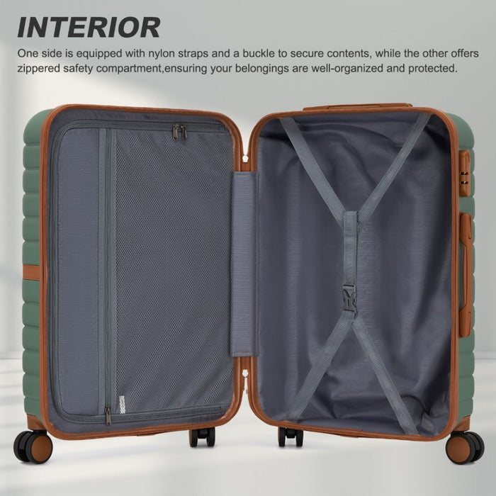 KSK2592 - Kono ABS+PC 24-Inch Striped Design with Colour-Block Details Medium Suitcase with Spinner Silent Wheels - Green and Brown