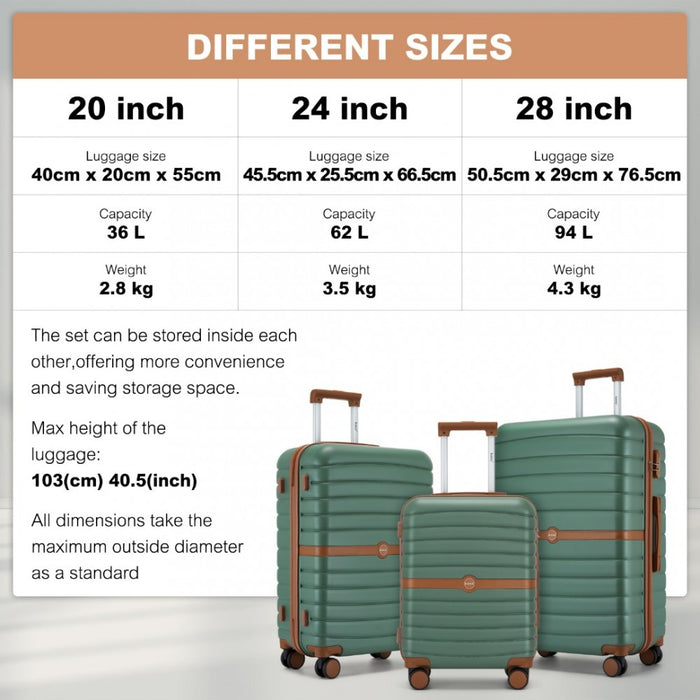 KSK2592 - Kono ABS+PC Striped Design with Colour-Block Details 3-Piece Hardshell Luggage Set with Spinner Wheels - Green and Brown