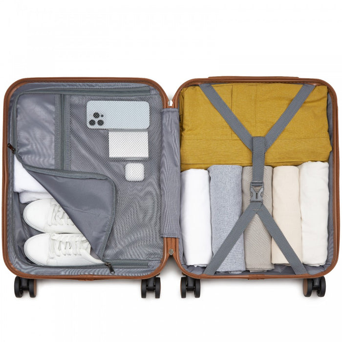 KSK2592 - Kono ABS+PC 20-Inch Striped Design with Colour-Block Details Carry-On Cabin Suitcase with Silent Spinner Wheels - Grey and Brown