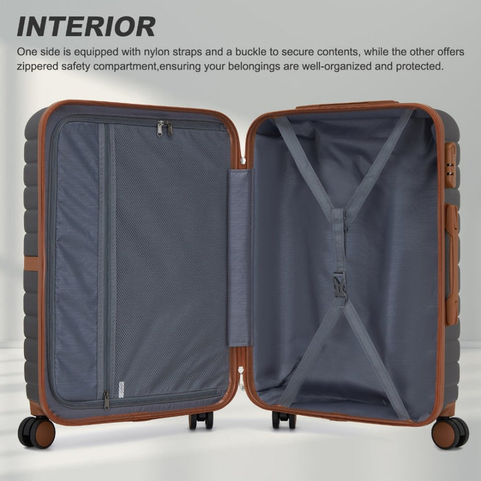 KSK2592 - Kono ABS+PC Striped Design with Colour-Block Details 3-Piece Hardshell Luggage Set with Spinner Wheels - Grey and Brown