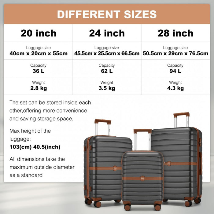 KSK2592 - Kono ABS+PC Striped Design with Colour-Block Details 3-Piece Hardshell Luggage Set with Spinner Wheels - Grey and Brown