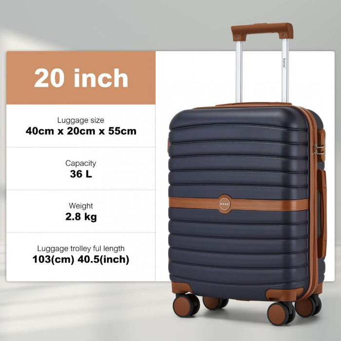 KSK2592 - Kono ABS+PC 20-Inch Striped Design with Colour-Block Details Carry-On Cabin Suitcase with Silent Spinner Wheels - Navy and Brown