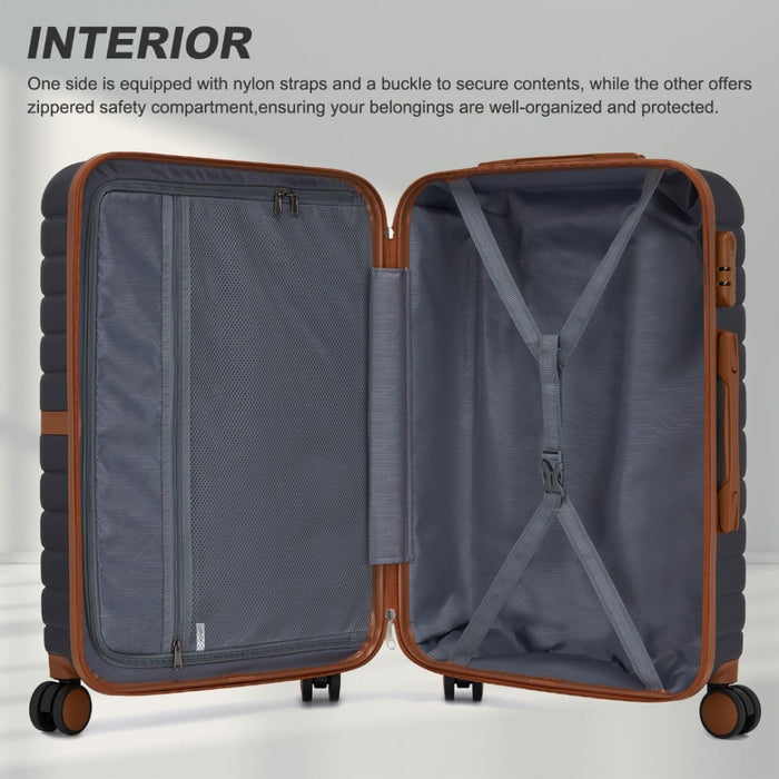 KSK2592 - Kono ABS+PC 20-Inch Striped Design with Colour-Block Details Carry-On Cabin Suitcase with Silent Spinner Wheels - Navy and Brown