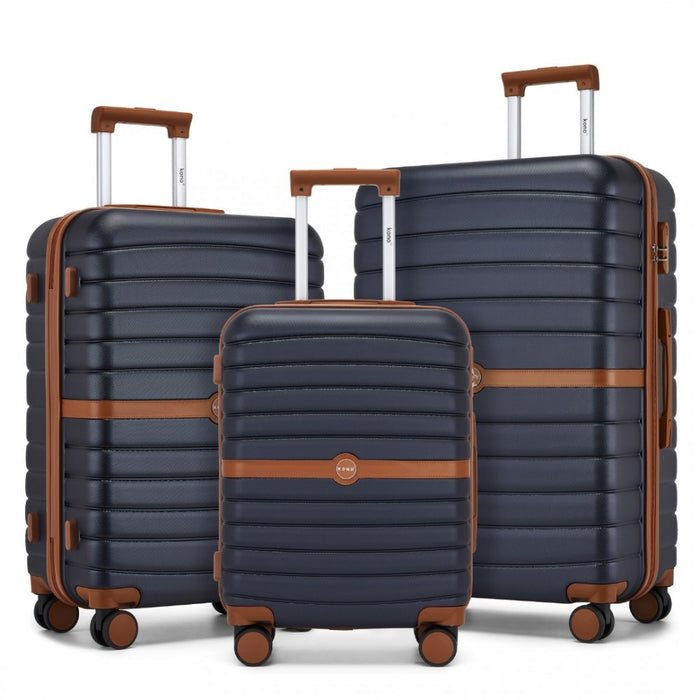 KSK2592 - Kono ABS+PC Striped Design with Colour-Block Details 3-Piece Hardshell Luggage Set with Spinner Wheels - Navy and Brown