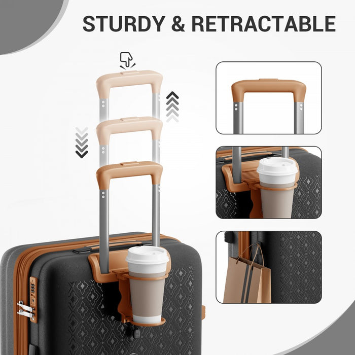 KSK2594 - Kono PP 24-inch Hard Shell Expandable Luggage–Lightweight Suitcase with TSA Lock & Built-in Cup Holder - Black and Brown