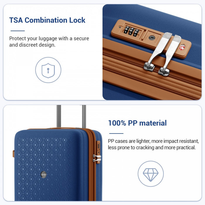 KSK2594 - Kono PP 20-inch Hard Shell Expandable Luggage-Lightweight Suitcase with TSA Lock & Built-in Cup Holder - Navy and Brown