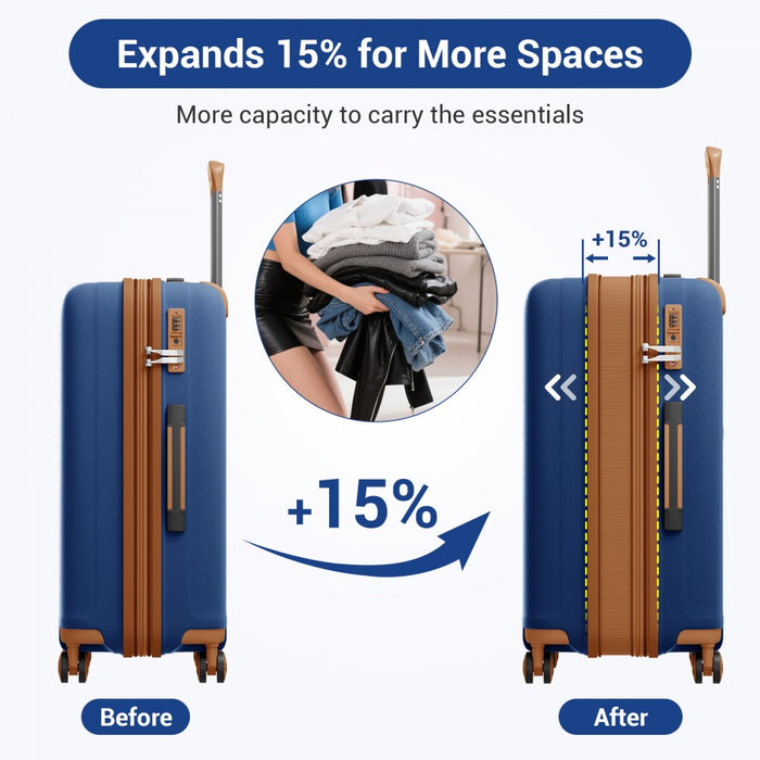 KSK2594 - Kono PP 28-inch Hard Shell Expandable Luggage–Lightweight Suitcase with TSA Lock & Built-in Cup Holder - Navy and Brown