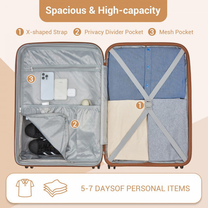 KSK2594 - Kono PP 24-inch Hard Shell Expandable Luggage–Lightweight Suitcase with TSA Lock & Built-in Cup Holder - Pink and Brown