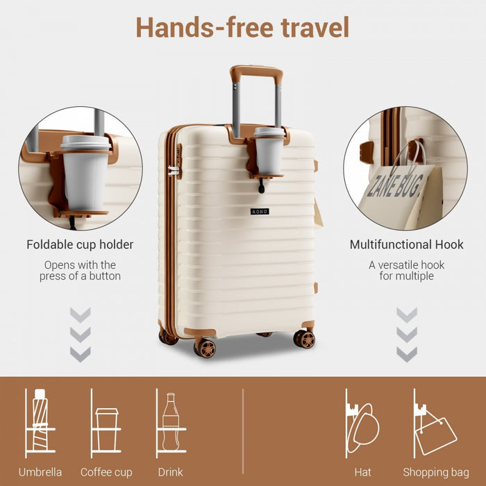 KSK2595 - Kono 20-Inch Hard Shell Scratch-Resistant PP Luggage with Cup Holder, TSA Lock & Expandable Design-Cabin Trolley For Travel - Beige and Brown