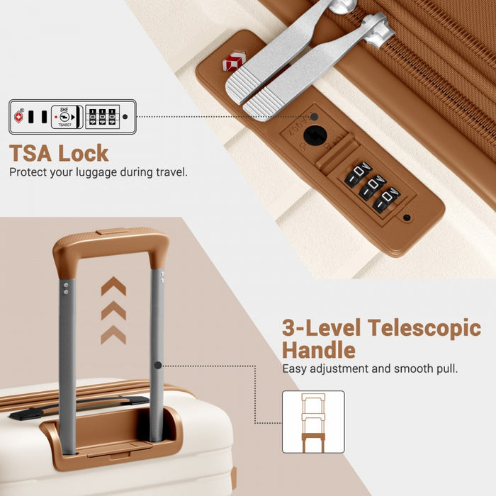 KSK2595 - Kono 24-Inch Hard Shell Scratch-Resistant PP Luggage with Cup Holder, TSA Lock & Expandable Design-Check-in Luggage For Travel - Beige and Brown