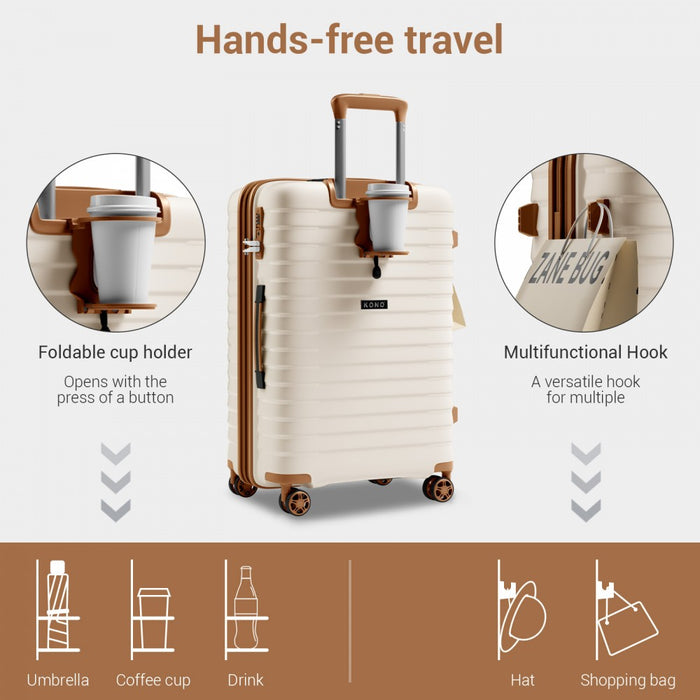 KSK2595 - Kono 24-Inch Hard Shell Scratch-Resistant PP Luggage with Cup Holder, TSA Lock & Expandable Design-Check-in Luggage For Travel - Beige and Brown
