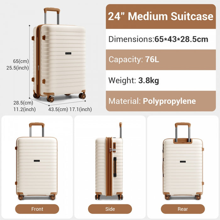KSK2595 - Kono 24-Inch Hard Shell Scratch-Resistant PP Luggage with Cup Holder, TSA Lock & Expandable Design-Check-in Luggage For Travel - Beige and Brown