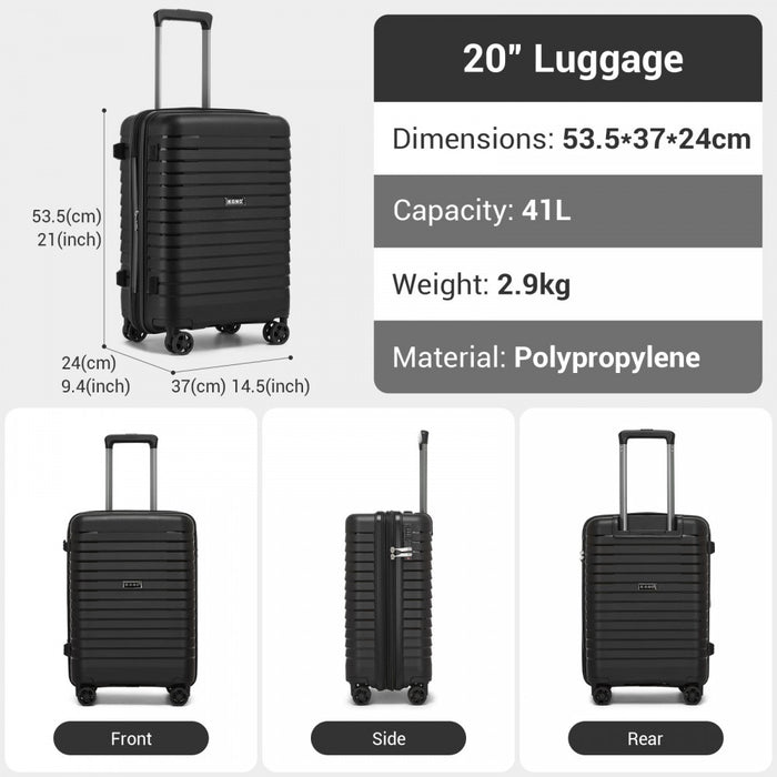 KSK2595 - Kono 20-Inch Hard Shell Scratch-Resistant PP Luggage with Cup Holder, TSA Lock & Expandable Design-Cabin Trolley For Travel - Black