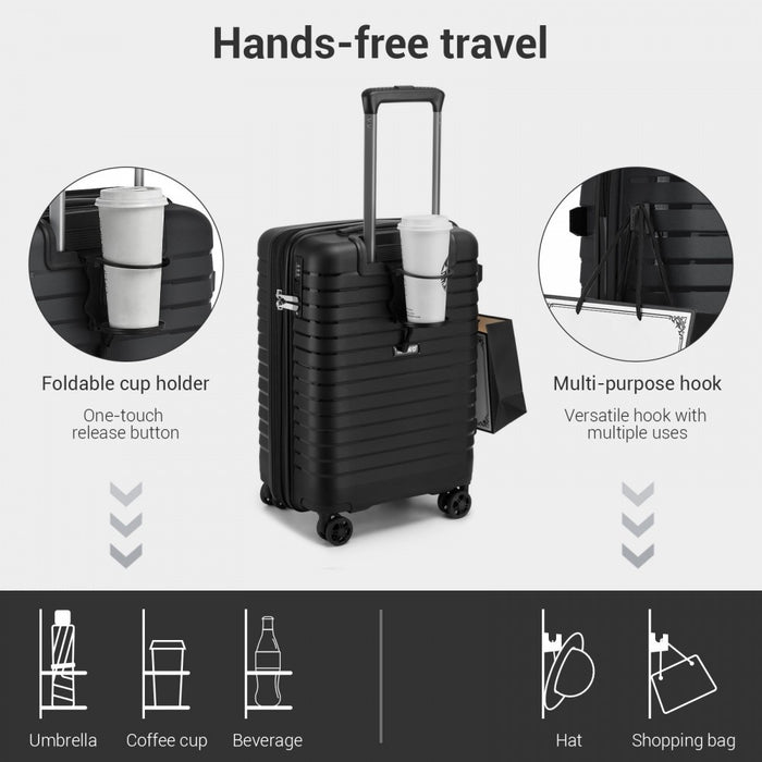 KSK2595 - Kono 20-Inch Hard Shell Scratch-Resistant PP Luggage with Cup Holder, TSA Lock & Expandable Design-Cabin Trolley For Travel - Black