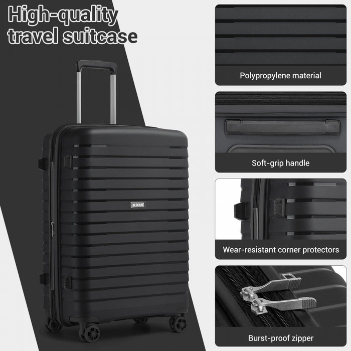 KSK2595 - Kono 24-Inch Hard Shell Scratch-Resistant PP Luggage with Cup Holder, TSA Lock & Expandable Design-Check-in Luggage For Travel - Black