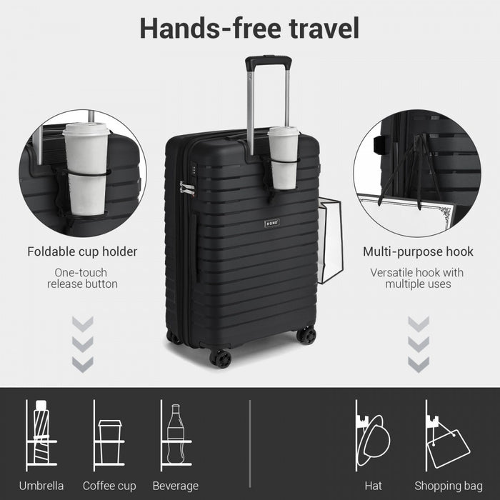 KSK2595 - Kono 28-Inch Hard Shell Scratch-Resistant PP Luggage with Cup Holder, TSA Lock & Expandable Design-Check-in Luggage For Travel - Black