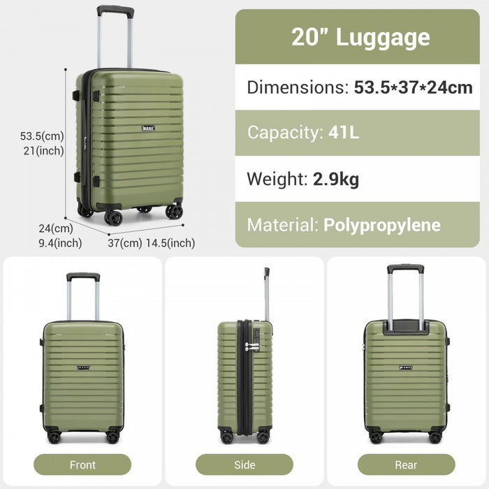 KSK2595 - Kono 20-Inch Hard Shell Scratch-Resistant PP Luggage with Cup Holder, TSA Lock & Expandable Design-Cabin Trolley For Travel - Green