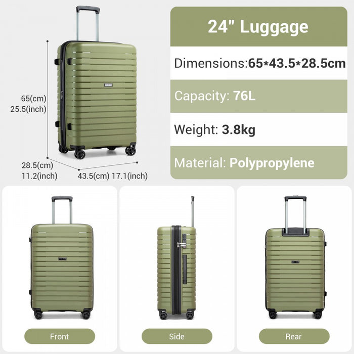 KSK2595 - Kono 24-Inch Hard Shell Scratch-Resistant PP Luggage with Cup Holder, TSA Lock & Expandable Design-Check-in Luggage For Travel - Green