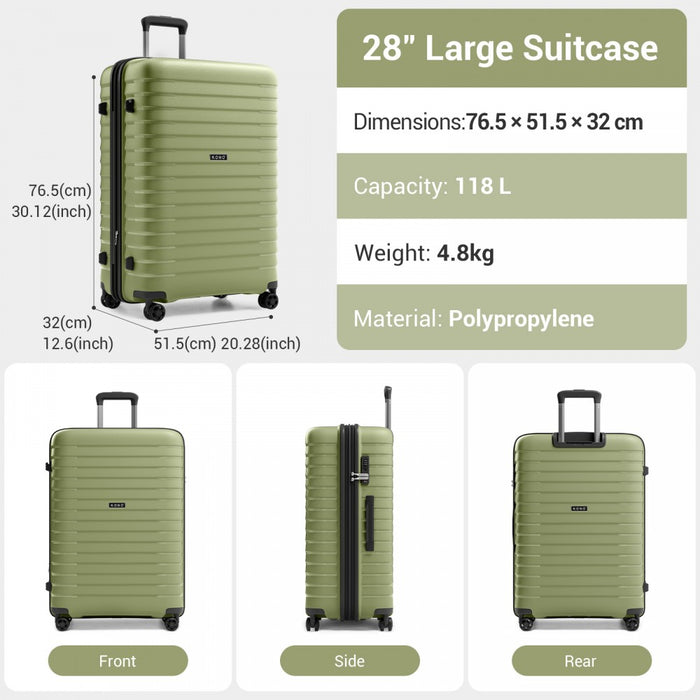 KSK2595 - Kono 28-Inch Hard Shell Scratch-Resistant PP Luggage with Cup Holder, TSA Lock & Expandable Design-Check-in Luggage For Travel - Green