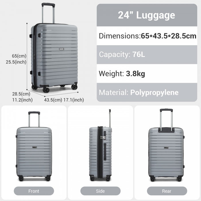 KSK2595 - Kono 24-Inch Hard Shell Scratch-Resistant PP Luggage with Cup Holder, TSA Lock & Expandable Design-Check-in Luggage For Travel - Grey