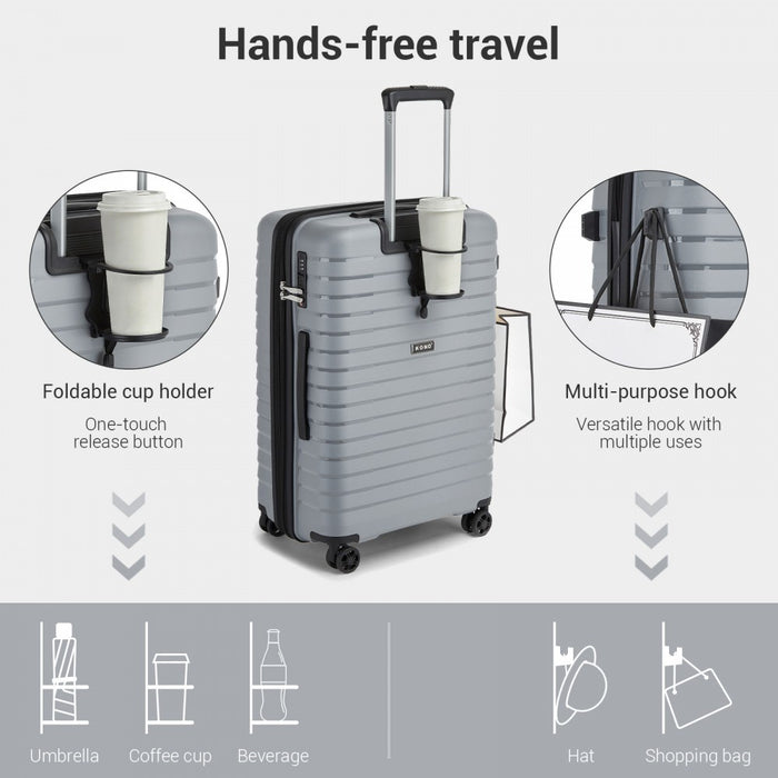 KSK2595 - Kono 28-Inch Hard Shell Scratch-Resistant PP Luggage with Cup Holder, TSA Lock & Expandable Design-Check-in Luggage For Travel - Grey