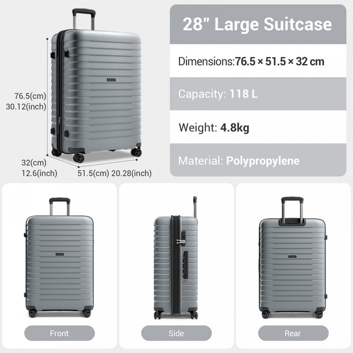 KSK2595 - Kono 28-Inch Hard Shell Scratch-Resistant PP Luggage with Cup Holder, TSA Lock & Expandable Design-Check-in Luggage For Travel - Grey