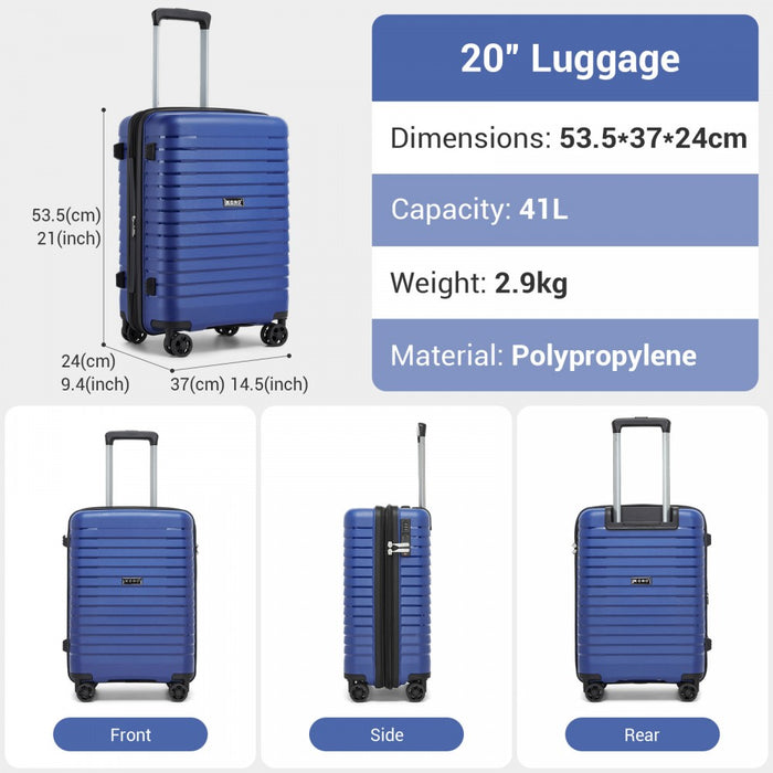KSK2595 - Kono 20-Inch Hard Shell Scratch-Resistant PP Luggage with Cup Holder, TSA Lock & Expandable Design-Cabin Trolley For Travel - Navy