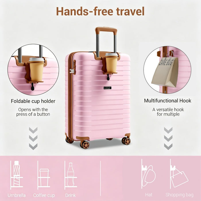 KSK2595 - Kono 20-Inch Hard Shell Scratch-Resistant PP Luggage with Cup Holder, TSA Lock & Expandable Design-Cabin Trolley For Travel - Pink and Brown
