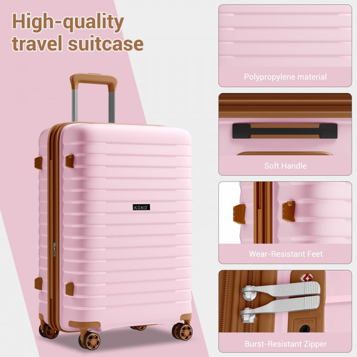KSK2595 - Kono 24-Inch Hard Shell Scratch-Resistant PP Luggage with Cup Holder, TSA Lock & Expandable Design-Check-in Luggage For Travel - Pink and Brown