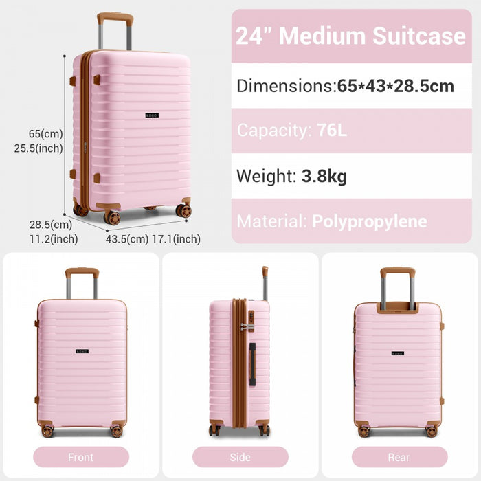 KSK2595 - Kono 24-Inch Hard Shell Scratch-Resistant PP Luggage with Cup Holder, TSA Lock & Expandable Design-Check-in Luggage For Travel - Pink and Brown