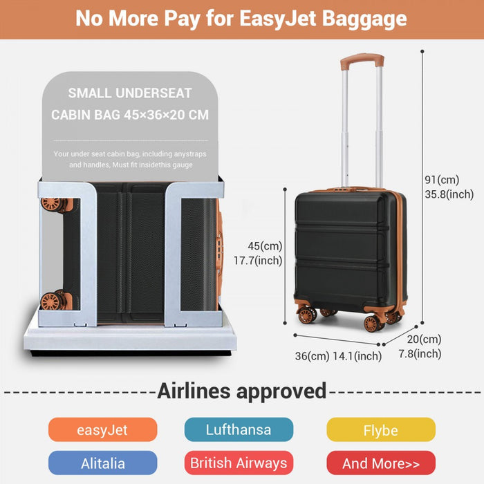 KSK2596 - Kono 16 Inch ABS Hard Shell Under-Seat Cabin Suitcase with Spinner Wheels - Black And Brown