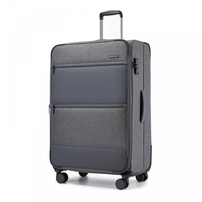 KSB2597 - British Traveller Sleek Tough 28 Inch Travel Soft-Shell Suitcase with Silent TPE Spinners, TSA Security and Expandable Capacity - Grey