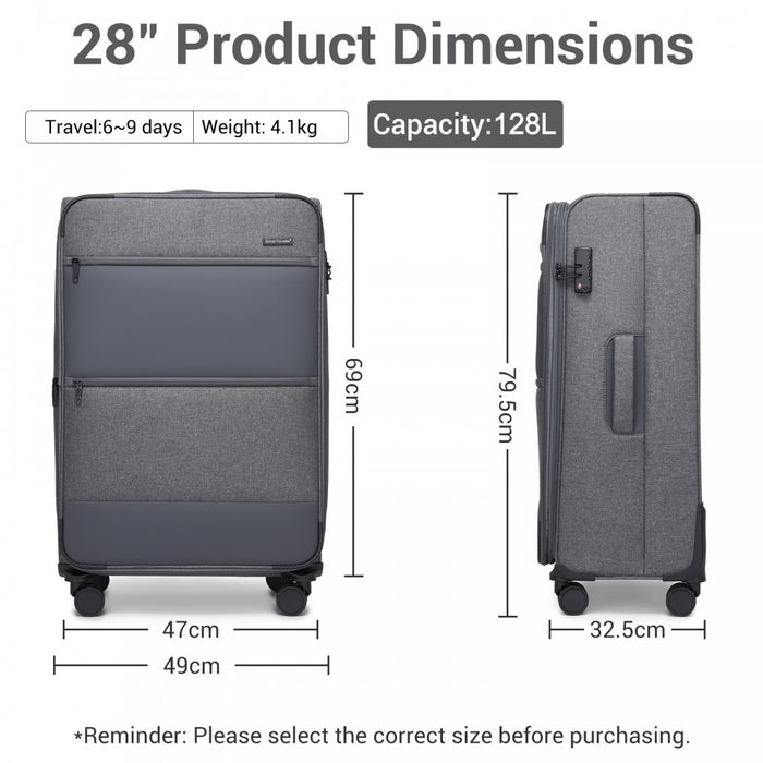 KSB2597 - British Traveller Sleek Tough 28 Inch Travel Soft-Shell Suitcase with Silent TPE Spinners, TSA Security and Expandable Capacity - Grey