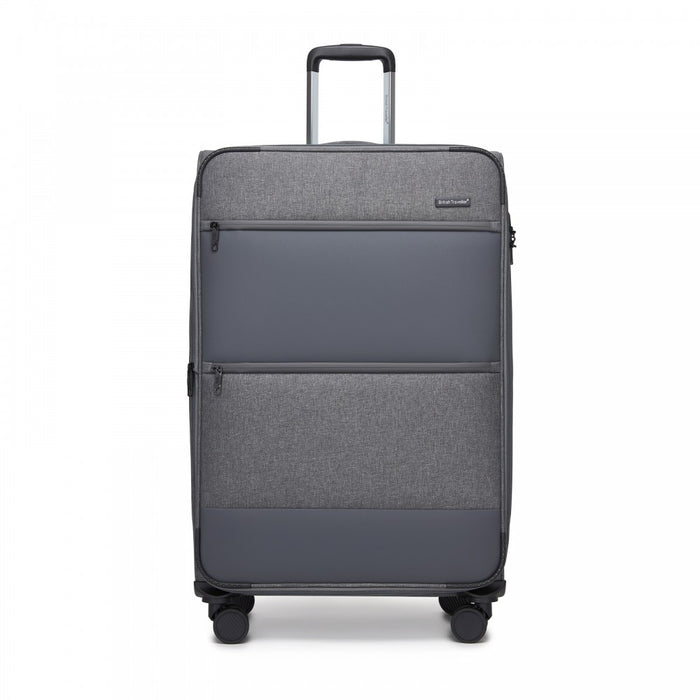 KSB2597 - British Traveller Sleek Tough 28 Inch Travel Soft-Shell Suitcase with Silent TPE Spinners, TSA Security and Expandable Capacity - Grey