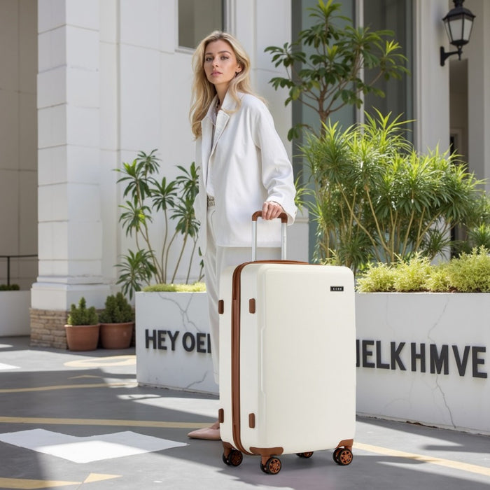 KSK2494 - Kono 28 Inch Minimalist Hard Shell ABS+PC Check-In Suitcase with TSA Lock 360° Spinner Wheels - Cream And Brown