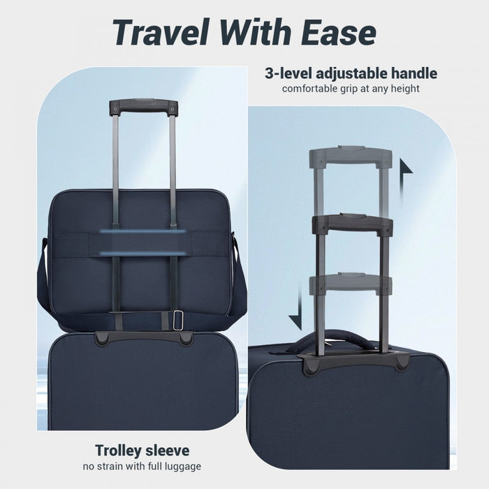 KSN2586 - 3 Piece 20 Inch Soft-shell Luggage Set with Cabin Shoulder Bag & Toiletry Bag, Lightweight Carry-On Travel Combo - Navy